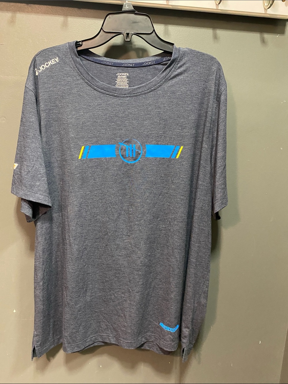 Jockey Men’s Heather Navy Tee with Blue and Yellow Stripe Graphic